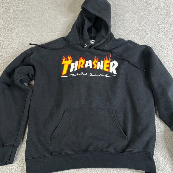 Thrasher Magazine Sweatshirt Mens M Black Flames Sweater Y2K Punk Emo Skater - Picture 2 of 14